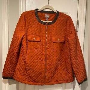 NWT Chicos Rustic Orange Quilted Full Gold Zip Jacket Faux Leather Trim Size M